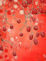 Canvas Print - Red fruit with white flowers, illustration on a red background.