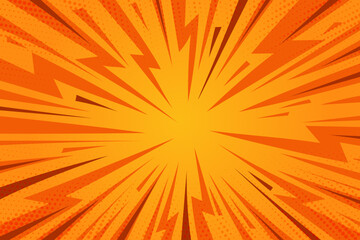 Comic yellow cartoon background. Orange pop art sunburst vector pattern. Vintage halftone effect wallpaper. Manga book textured explosion on shiny radial gradient with flash and lightnings.