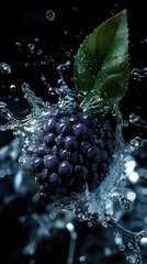 Sticker - A blackberry with a green leaf, splashed with water droplets.