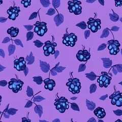 Canvas Print - A seamless pattern with blue berries and leaves on a purple background.