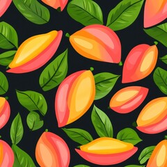 Canvas Print - Seamless pattern of tropical fruits.  Tropical mangoes with green leaves on a dark background.