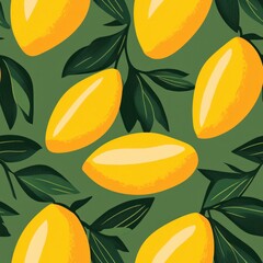 Canvas Print - Seamless Pattern of Yellow Lemons with Green Leaves on a Dark Green Background.