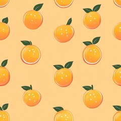 Wall Mural - Seamless pattern of orange slices with green leaves on a peach background.