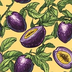 Canvas Print - A vibrant seamless pattern featuring passion fruit with green leaves on a yellow background.