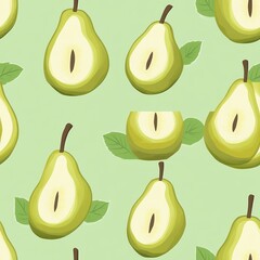 Canvas Print - Seamless pattern of fresh green pears, half cut and showing seeds, on a light green background.