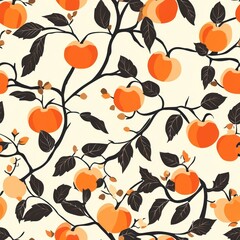 Canvas Print - Seamless pattern with orange fruits and black leaves on a light yellow background.
