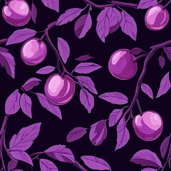 Canvas Print - A seamless pattern of purple fruit on branches with leaves against a black background.