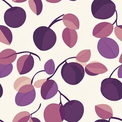 Canvas Print - A seamless pattern featuring stylized purple fruits and leaves on a white background.