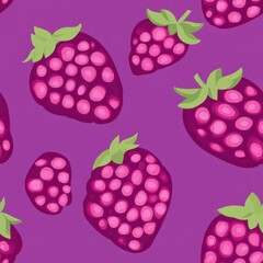 Poster - Seamless pattern with cute cartoon pink raspberries with green leaves on purple background.