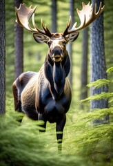 Wall Mural - majestic moose standing gracefully serene forest surrounded lush greenery tall trees under clear blue sky, wildlife, animal, landscape, outdoors, habitat