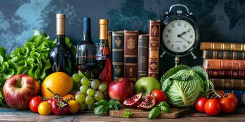 Wall Mural - Assorted fresh fruits and vegetables placed on wooden table near retro clock and bottle of wine and books.