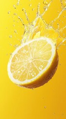 Poster - Lemon slice falling into water with a splash and creating a crown shaped water wave.