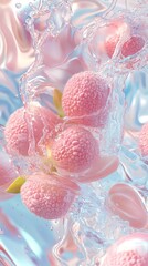 Poster - Pink lychees in a water splash with iridescent background.