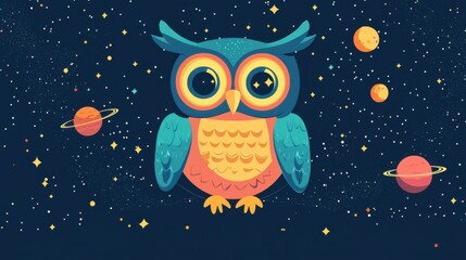 Develop a flat illustration of a wise old owl teaching children about astronomy, with educational elements like stars or planets