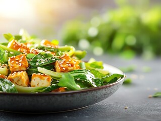 Wall Mural - Tantalizing tofu stirfry with bok choy, enoki mushrooms, and teriyaki sauce, garnished with toasted sesame seeds, displayed in a traditional ceramic bowl