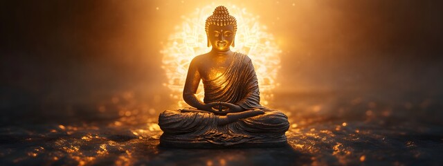 Buddha statue with mandala background, glowing light effect on dark brown color background, high resolution photography