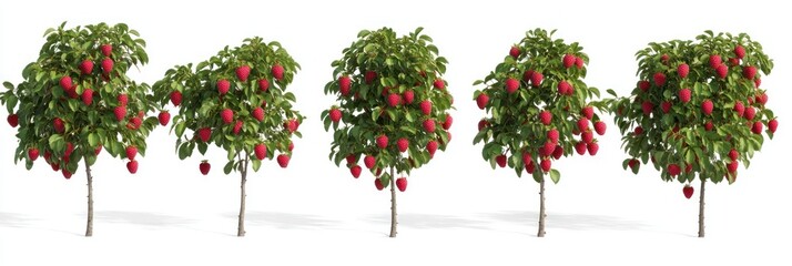 Sticker - Five small trees with red berry fruit growing on branches against a white background.