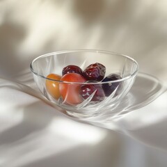 Poster - A clear glass bowl sits on a white, rippled fabric with a few dark red plums and one peach-colored plum inside.