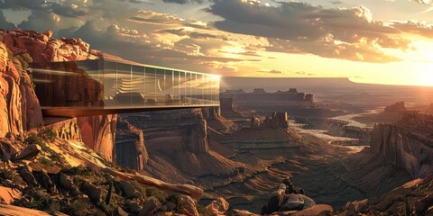 illustration of scenic view of futuristic glass cabinet building located on rocky terrain in canyon valley under cloudy sundown