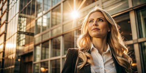 Confident businesswoman against the backdrop of a high-rise business centre. The concept of high professionalism, modern technology, and successful business.