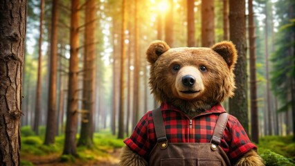 Lumberjack brown bear in the forest, bear, brown, forest, trees, nature, wilderness, wildlife, outdoors