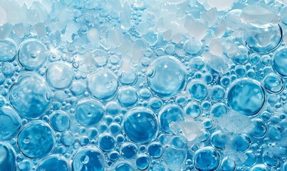 Wall Mural - Top view of Blue bubbles under frozen water surface