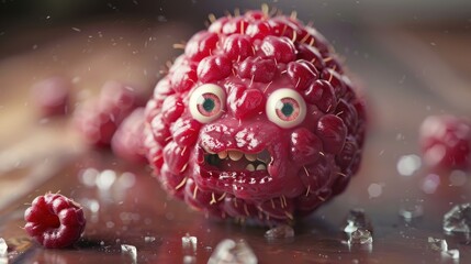 Sticker - A raspberry with eyes and teeth, surrounded by ice crystals.