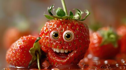 A close-up of a strawberry with googly eyes, a mouth and teeth, dripping with red juice.