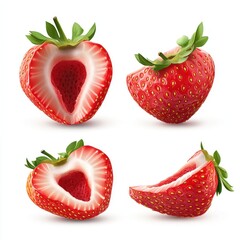 Sticker - Four different views of a fresh, ripe strawberry, from whole to half, sliced, and a close-up of the inside.