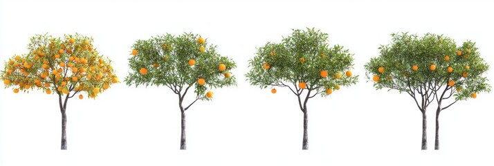 Wall Mural - Four orange trees with green leaves and ripe orange fruits isolated on a white background.