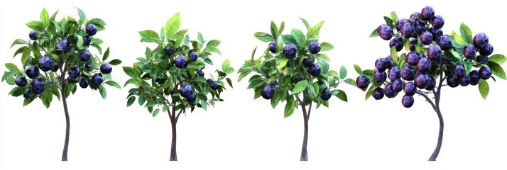 Wall Mural - Four isolated plum trees with purple fruit on white background.