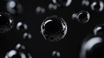 Black background, floating black shiny balls. Shiny banner, 3D scene effect, modern macro photorealistic abstract background. The generation of AI