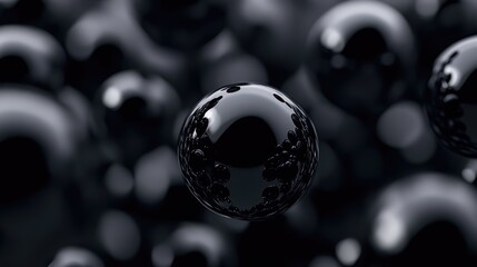 Black background, floating black shiny balls. Shiny banner, 3D scene effect, modern macro photorealistic abstract background. The generation of AI