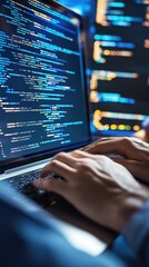 programmer coding code lines at work with hands at laptop programming at night working with computer