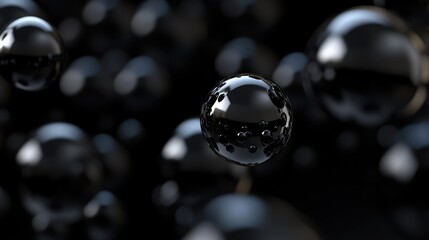 Black background, floating black shiny balls. Shiny banner, 3D scene effect, modern macro photorealistic abstract background. The generation of AI