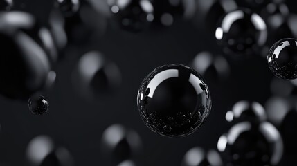 Black background, floating black shiny balls. Shiny banner, 3D scene effect, modern macro photorealistic abstract background. The generation of AI