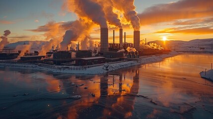 Canvas Print - Industrial Sunset Over Snowy Landscape