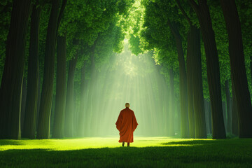 Wall Mural - A solitary monk walks through a vibrant forest, embodying peace amidst nature's tranquility and ethereal light, inviting reflection.