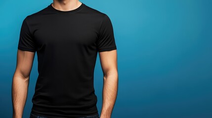 Realistic black t-shirt on young man, blank space for promotional advertisement placed. Empty business concept. The generation of AI