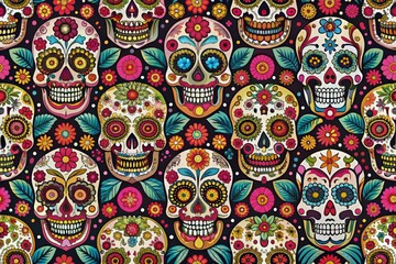 Colorful Day of the Dead skulls pattern celebrating Día de los Muertos. Generative AI