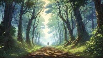 A woman walks in the forest, a gloomy forest path.