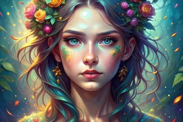 A young woman adorned with flowers gazes thoughtfully in a vibrant forest setting. Generative AI