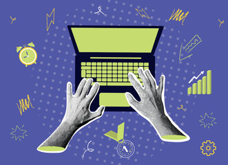 Halftone collage business design, website design, development, programming, seo. Hands with a laptop coding, ideas, a lightbulb. Digital art concept. Fully vector collage Illustration