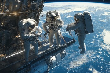 Three astronauts using tools to repair an external module on a space station with the Earth in the distance, highlighting the importance of teamwork and advanced technology in space.