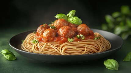 Wall Mural - Spaghetti Bolognese on a plate with hanging spaghetti, dark green background, food photography