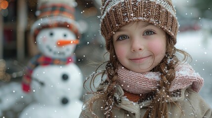 Sticker - Little Girl in the Snow with a Snowman