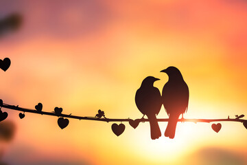 Poster - silhouette of bird in heart shape on pastel background and Valentine's Day