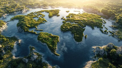 An aerial view of a lush, green world map created with plants and water.