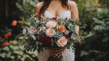 Wall Mural - A bride stands gracefully, showcasing a vibrant bouquet featuring roses and succulents amidst a lush garden backdrop during her wedding.