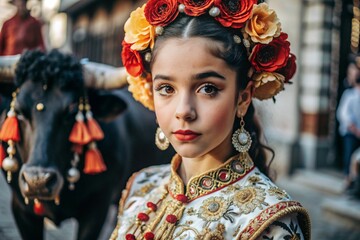 A Spanish girl in a traditional Spanish national costume. Against the background of a bull. Bullfighting. The portrait symbolizes the traditions and culture of the people of Spain.